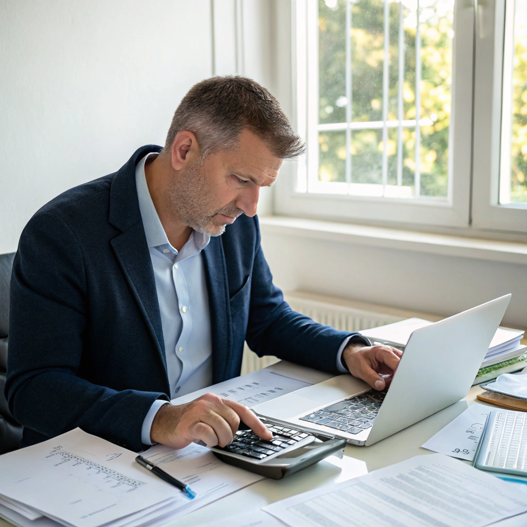 Professional accountant reviewing financial ledgers